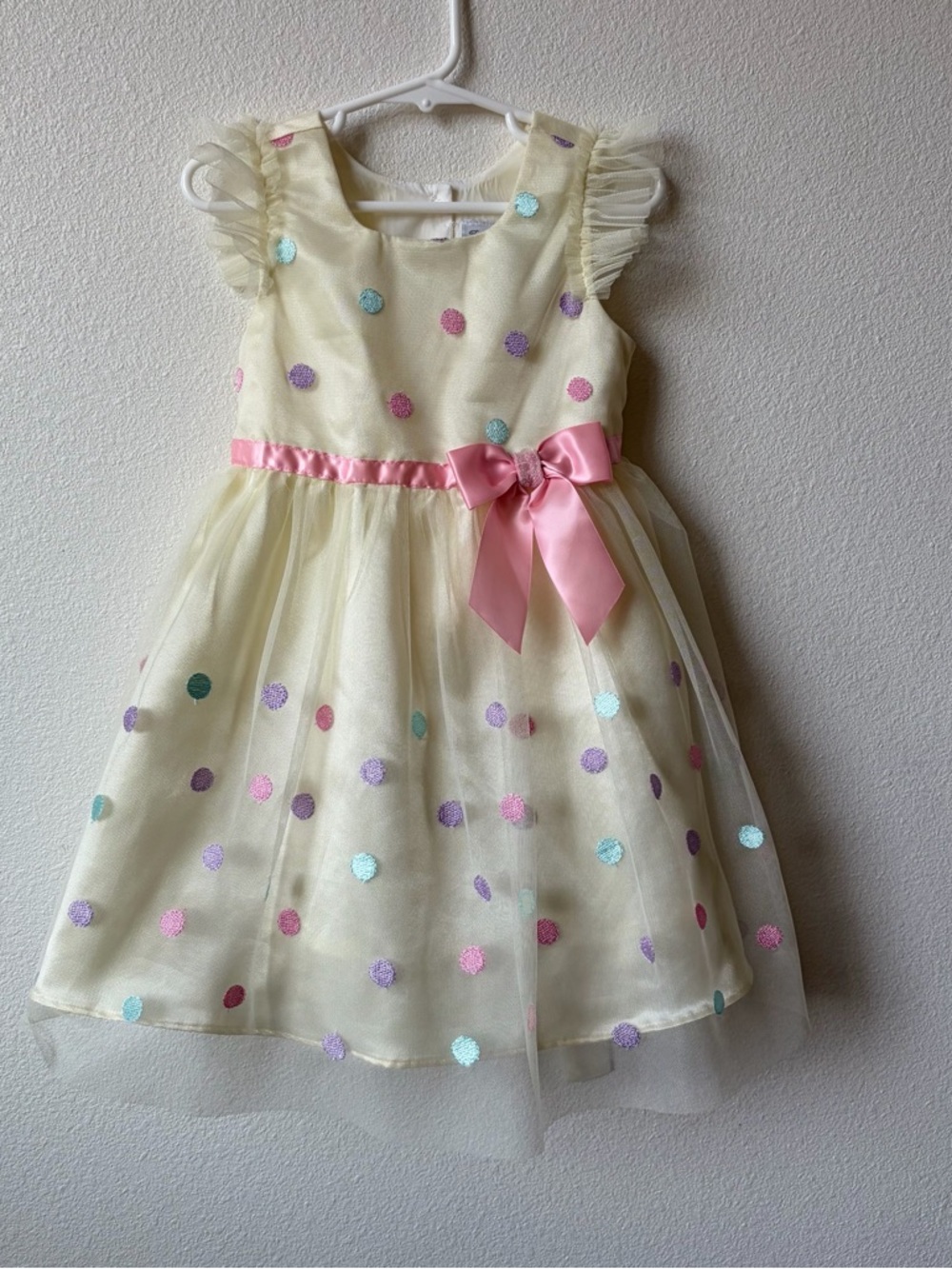 Jona Michelle 3T Cream Polka Dot Tulle Dress with Pink Satin Bow
